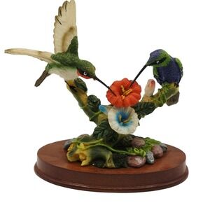 Hummingbird Figurine Two Birds On Flowers Resin Sculpture Wood Base Art Decor